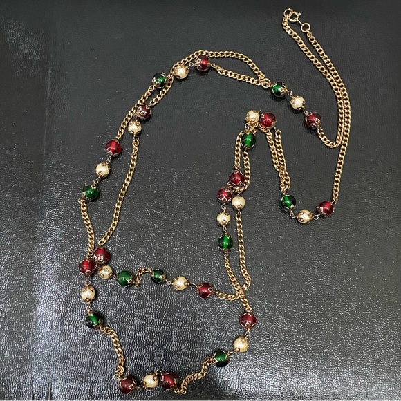 Handmade Red Green Beads Faux Pearl Gold-tone Long Chain Necklace - Picture 10 of 13